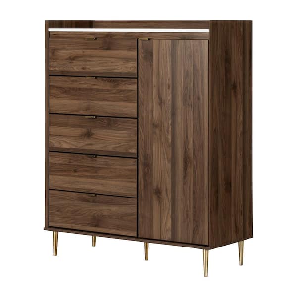 South Shore Hype Natural Walnut and Carrara Marble Door Chest with 5 Drawers (54.75 in. H x 44.5 in W.)