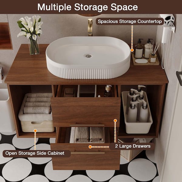 40 in. Single Sink Wall Mounted Walnut Bath Vanity with Walnut Wood Top and Ceramic Vessel Sink Requires Assembly​