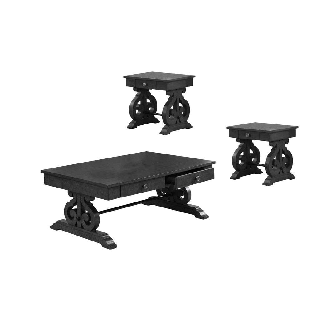 Traditional Dark Gray Wood 3-Piece Coffee Table Set with Drawer Storage