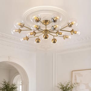 39.37in. 15-Light Sputnik Linear Brushed Brass Semi-Flush Mount Bubble Chandelier with Clear Glass Globe for Living Room