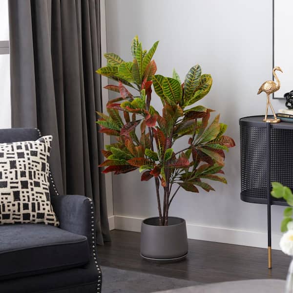 Litton Lane 50 in. H Croton Artificial Plant with Realistic Leaves and Black Plastic Pot