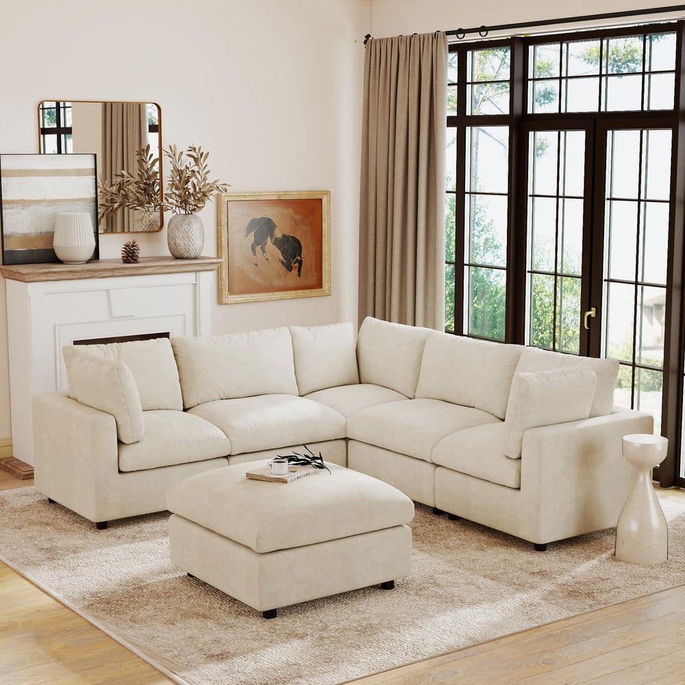 J&E Home 6-Piece Beige Modular Sectional Sofa Chenille Free