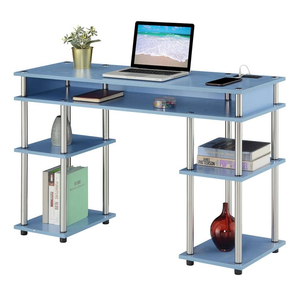 Blue Wood Writing Desk with USB Charging Station