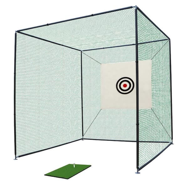 10 ft. x 10 ft. x 10 ft. Golf Hitting Cage with Frame and Netting Enclosure Target Cloth and Swing Practice Mat