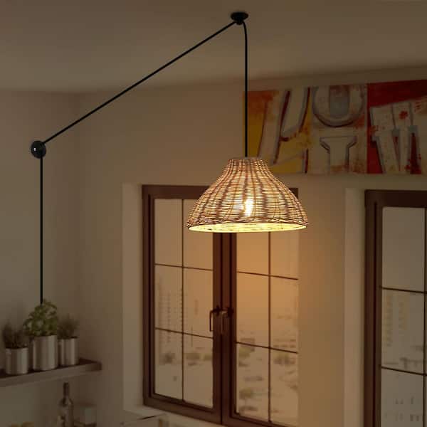 Zompoo Industrial 11.8 in. 1 Light Plug in Bamboo Shade Chandelier Pendant Light with 2 Bases and Switch, Adjustable Height