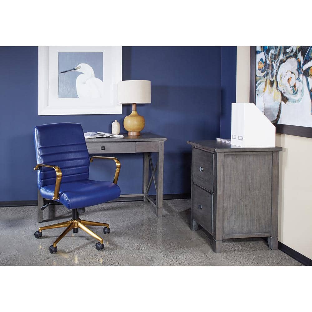 Baldwin Navy Faux Leather Mid-Back Swivel Chair with Gold Accents