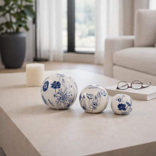 Blue/Ivory 4/5/6 in. Ceramic Floral Orbs Decorative Balls (Set of 3)