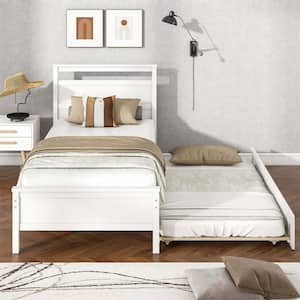 White Wood Frame Twin Size Platform Bed with Trundle Pull-Out Trundle Headboard and Footboard