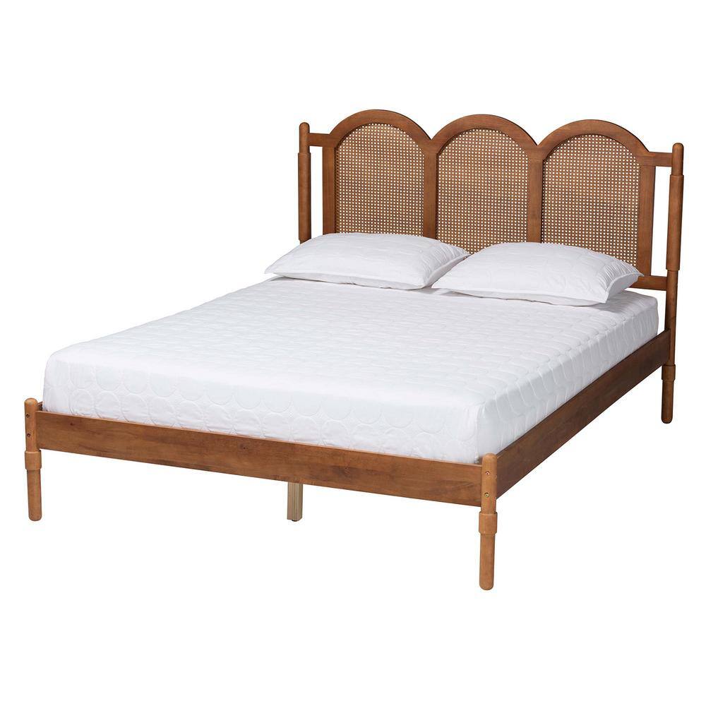 Walnut Brown Wood Queen Platform Bed with Woven Rattan Headboard
