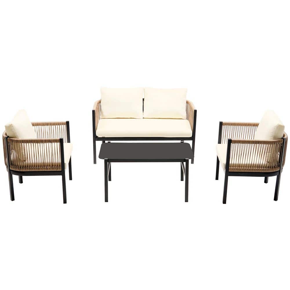 4 Pieces Metal Patio Conversation Set with Tempered Glass Table and Beige C