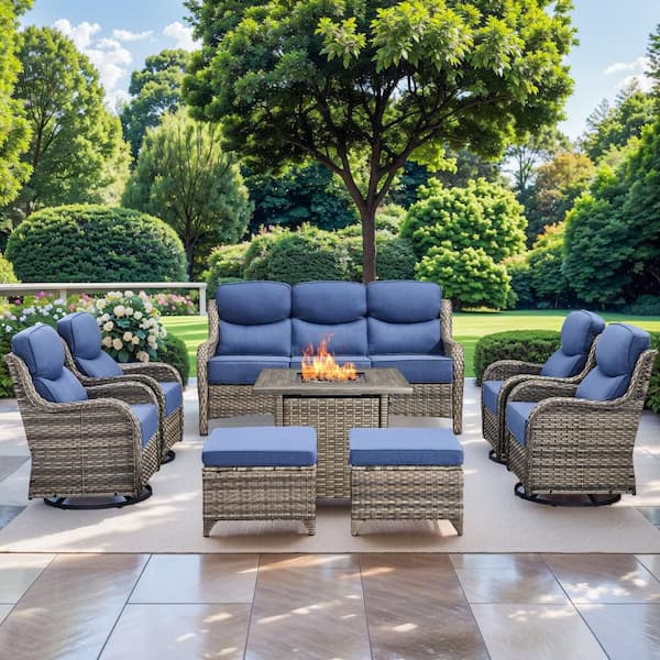 NovaSwivel 8-Piece Gray Wicker Patio Conversation Set Outdoor Fire Pit Set. Swivel Rocking Chairs with Blue Cushions