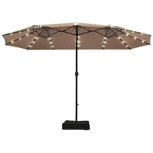 15 ft. Market Double-Sided Solar Crank 36-Lights Base LED Patio Umbrella in Tan