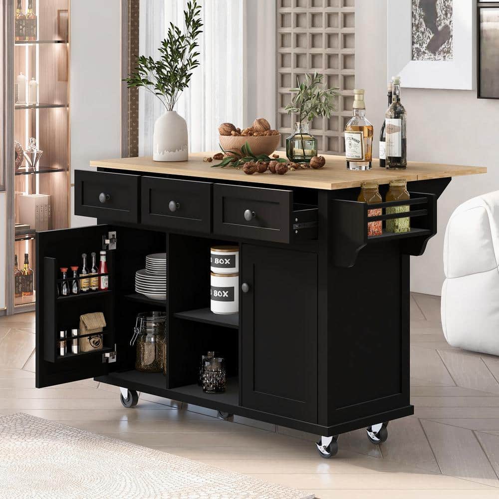 Black Rubber Wood 53.1 in. W Kitchen Island on 5-Wheels with 3-Drawers and 