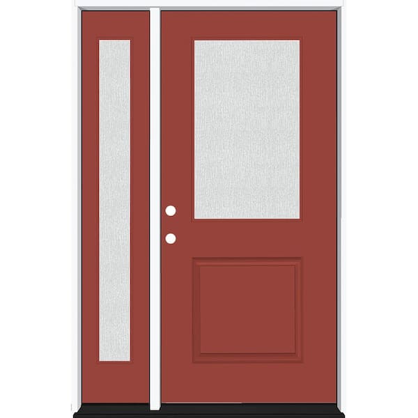 Steves & Sons Legacy 51 in. W x 80 in. 1/2 Lite Rain Glass RHIS Primed Morocco Red Finish Fiberglass Prehung Front Door 12 in. SL