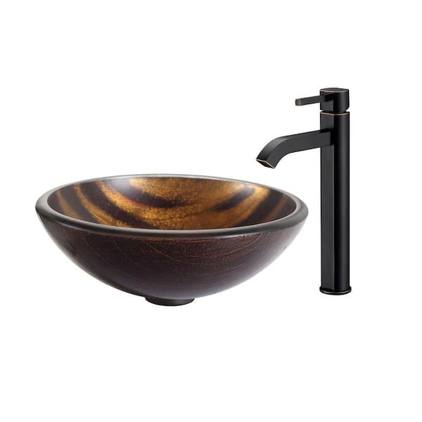 KRAUS Bastet Glass Vessel Sink in Brown with Ramus Faucet in Oil Rubbed Bronze
