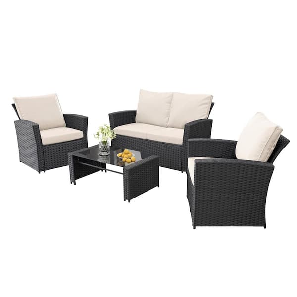 Unbranded Black 4-Piece Wicker Outdoor Sofa Sectional Set Conversation Set with Beige Cushions and Tempered Glass Table