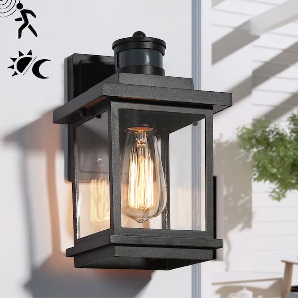 Modern 1-Light Motion Sensing Outdoor Wall Lantern Textured Black Wall Light with Clear Glass Shade for Garage, Patio
