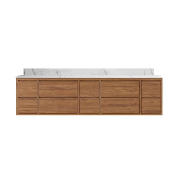 Willow Collections Madison Float 84 in. W x 22 in. D x 36 in. H Double Sink Bath Vanity in Dark Natural with 1.5" Calacatta Laza Qt.