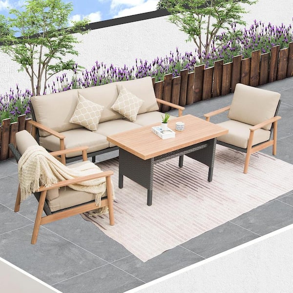 Mondawe 4-Piece Aluminum Wood Grain Outdoor Sectional Set with Beige Cushions