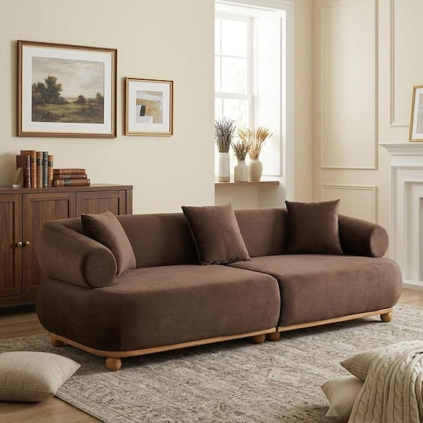 89.30 in. Rolled Arms Velvet Rectangle Sectional Sofa in Brown with Curved Wood Base, Ball Legs, Throw Pillows