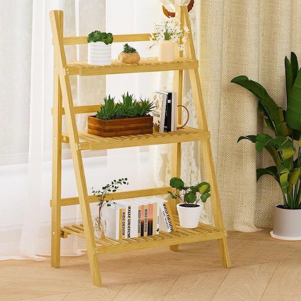 3-Tier Natural Wood Foldable Ladder Shelf Flower Pot Plant Stand