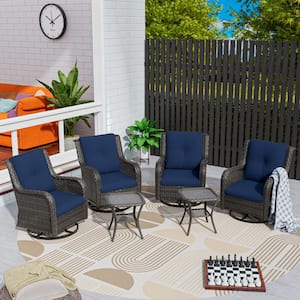 6-Piece Wicker Patio Conversation Set Swivel Rocking Chairs with Blue Cushions