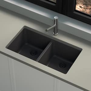 Stonehaven 33 in. Undermount 50/50 Double Bowl Black Onyx Granite Composite Kitchen Sink with Black Strainer