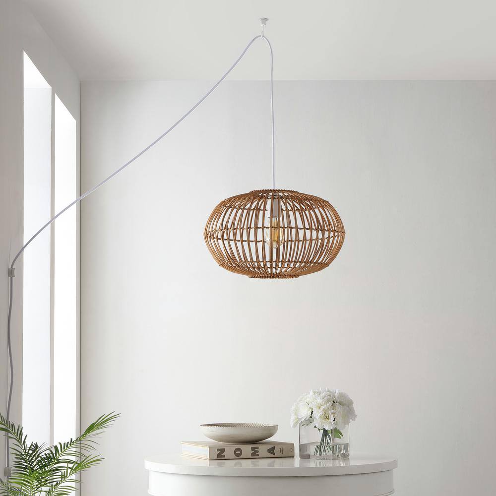 Leo 17.5" Coastal Bohemian Brown Rattan LED Pendant Light