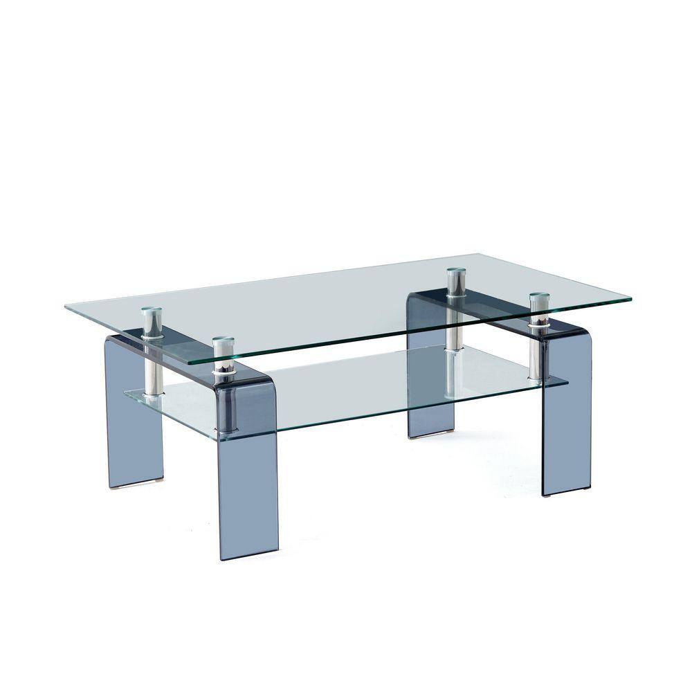 Grey rectangular two-tier glass coffee table on a white background.