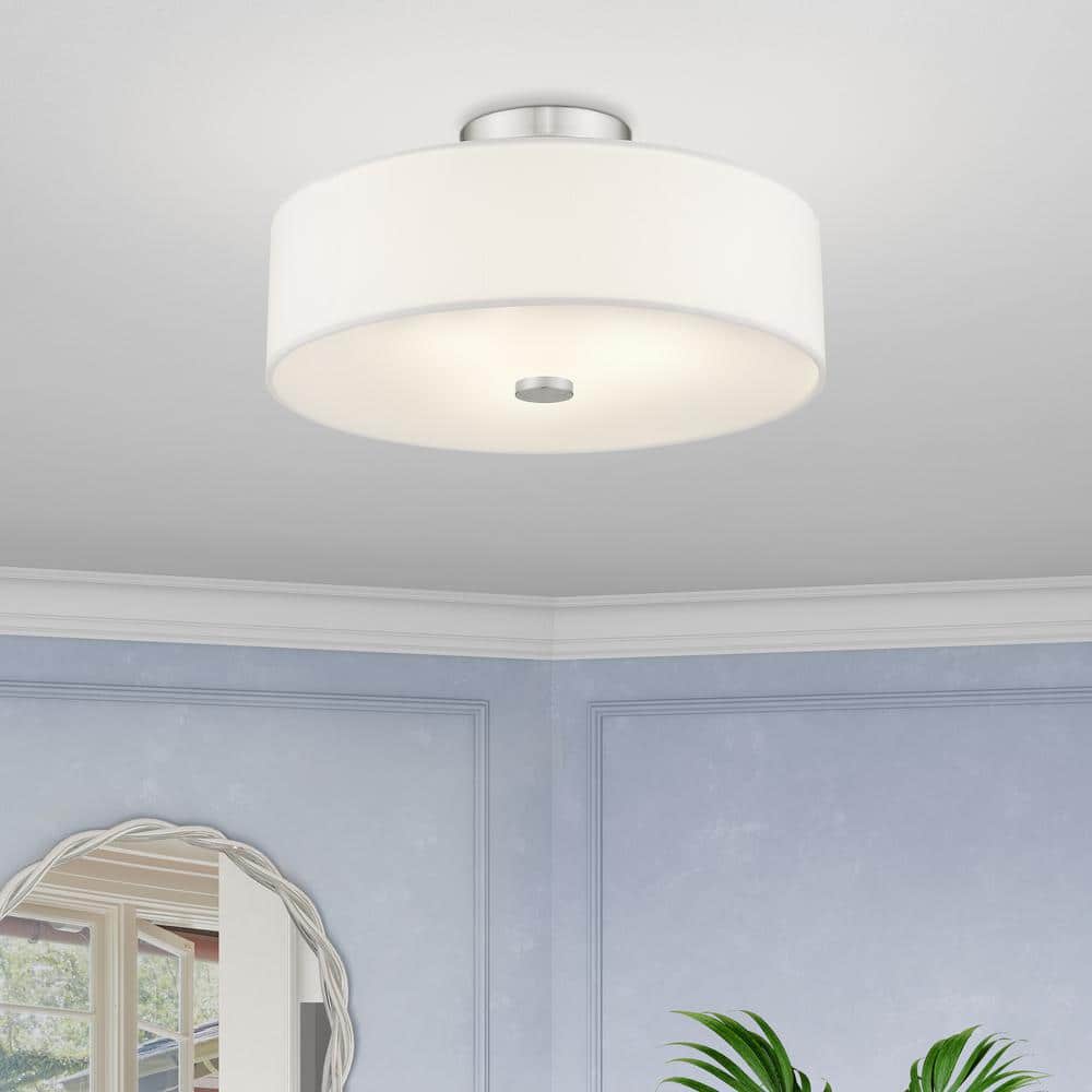Brushed Nickel 3-Light Semi-Flush Mount with Off-White Shade