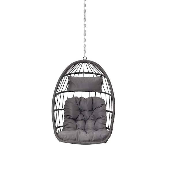 Sudzendf 2.38 ft. Outdoor Wicker Egg Hanging Hammock Chair with Cushion in Light Gray