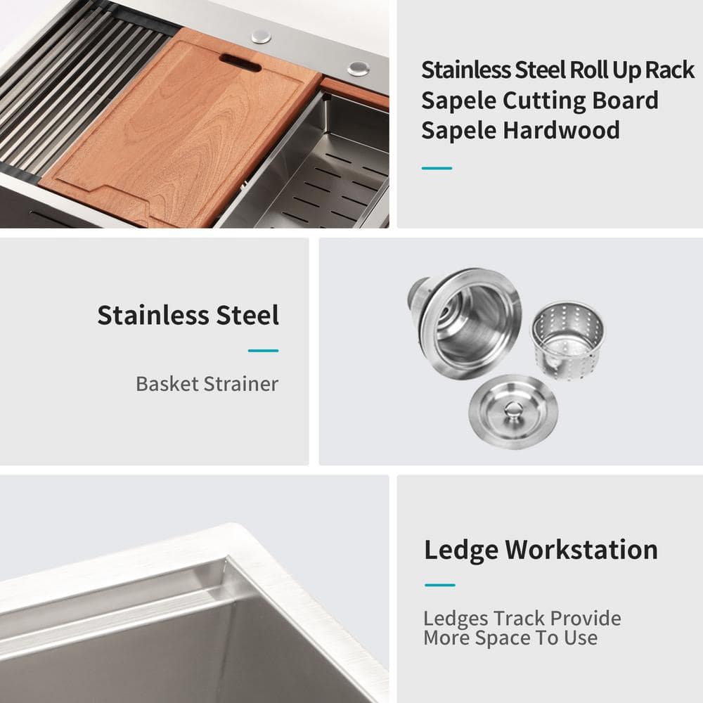 28 in. Brushed Nickel Stainless Steel Single Bowl Drop-In Sink
