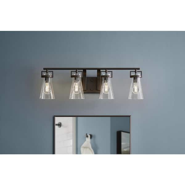 Clermont 30.75 in. 4-Light Matte Black Bathroom Vanity Light with Seeded Glass Shades