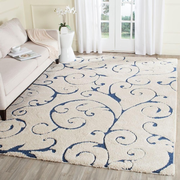 Florida Shag 11 ft. x 15 ft. Cream/Blue High-Low Floral Area Rug