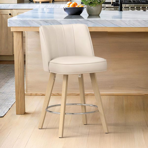 Paul 26 in. Ivory White Modern Faux Leather 360° Swivel High Back Barstool Upholstered Solid Wood Counter Height Stool