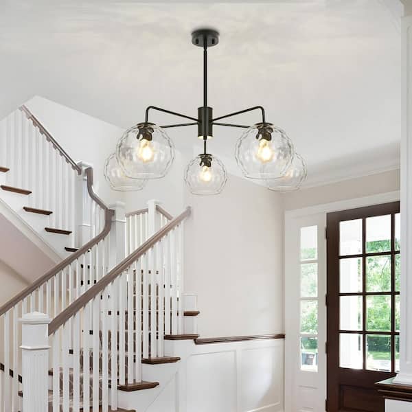 Jasslynn 5-Light Black Modern Pendant Light with Hammered Glass Shades for Bedroom, Living Room and Kitchen