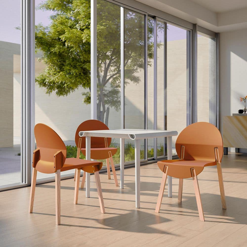 4-Piece Tropical Orange Plastic & Wood Outdoor Dining Chairs with