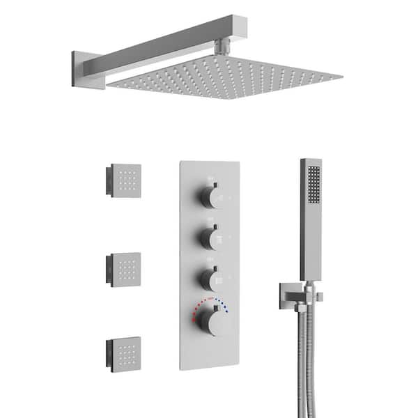EVERSTEIN 7-Spray Patterns Thermostatic 12 in. Wall Mount Rain Dual Shower Heads with 6-Jet in Brushed Nickel (Valve Included)