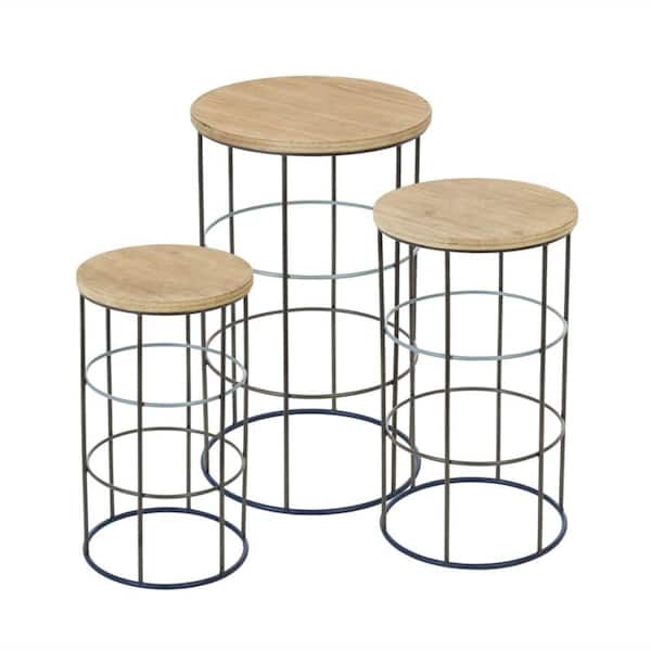 Evergreen Metal and Wood Outdoor Side Table (Set of 3)
