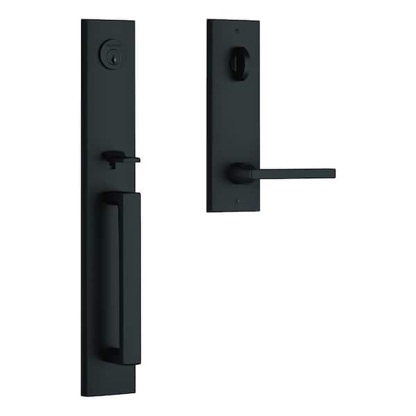 Baldwin Satin Black Santa Cruz Egress Single Cylinder Door Handleset with Right-Hand Square Contemporary Handle