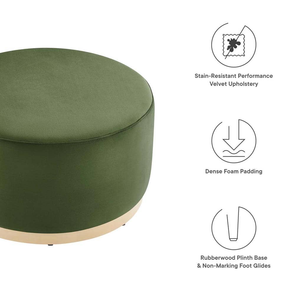 Moss Green Velvet Round Ottoman with Rubberwood Base