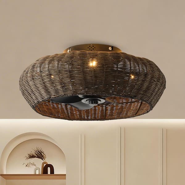 19.7 in. 4-Light Fandelier Black Indoor Rattan Low Profile Flush Mount Ceiling Fan with Light and Remote