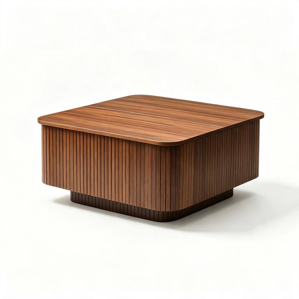 31.49" Walnut Square Coffee Table, Modern Fluted Lift‑Top Coffee Table with Large Hidden Storage Space for living room
