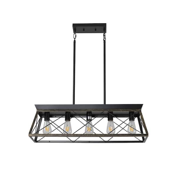 VEVETTA 5-Light Golden Black Wood Farmhouse Chandelier with Rectangle Frame and Adjustable Height for Kitchen Island (No Bulbs)