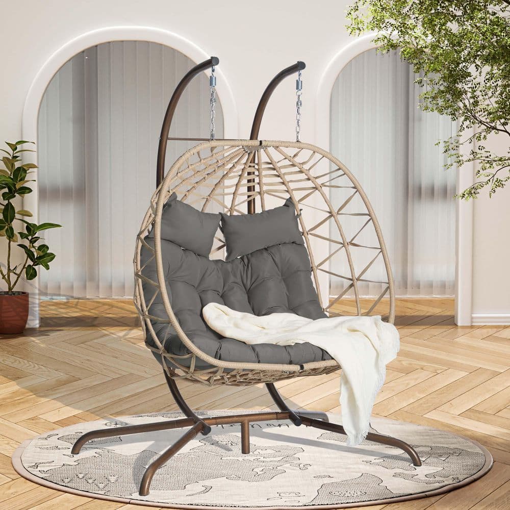 Outdoor Wicker Porch Swing Double Egg Chair with Stand Hanging and Dark Gray Cushions