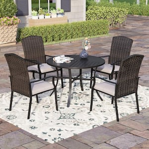 Black 5-Piece Metal Patio Outdoor Dining Sets with Stamped Round Table and Rattan Chairs with Beige Cushion