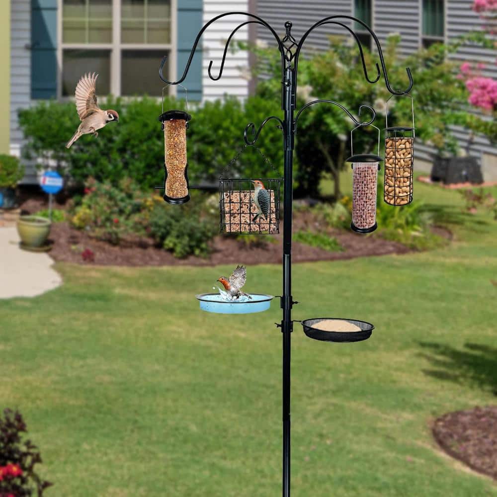 Black Metal Bird Feeding Station with 4 Feeders and Birdbath