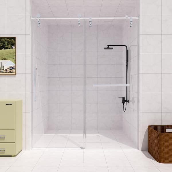 56-60 in. W x 76 in. H Frameless Glass Shower Door, Stainless Steel Handle, Noiseless, Waterproof, Shatterproof, Silver