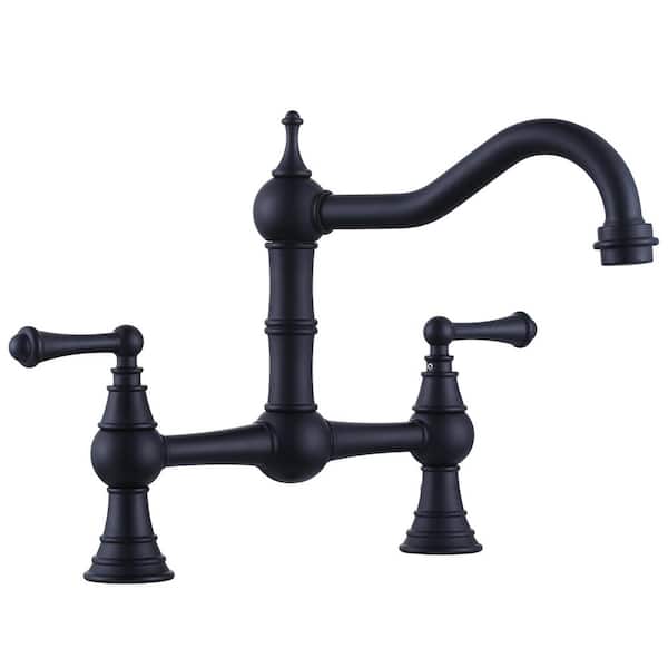 IVIGA Brass 8 in. Double Handle Bridge Kitchen Faucet with 2-Aerators, Brass Valve and Supply Lines in Matte Black