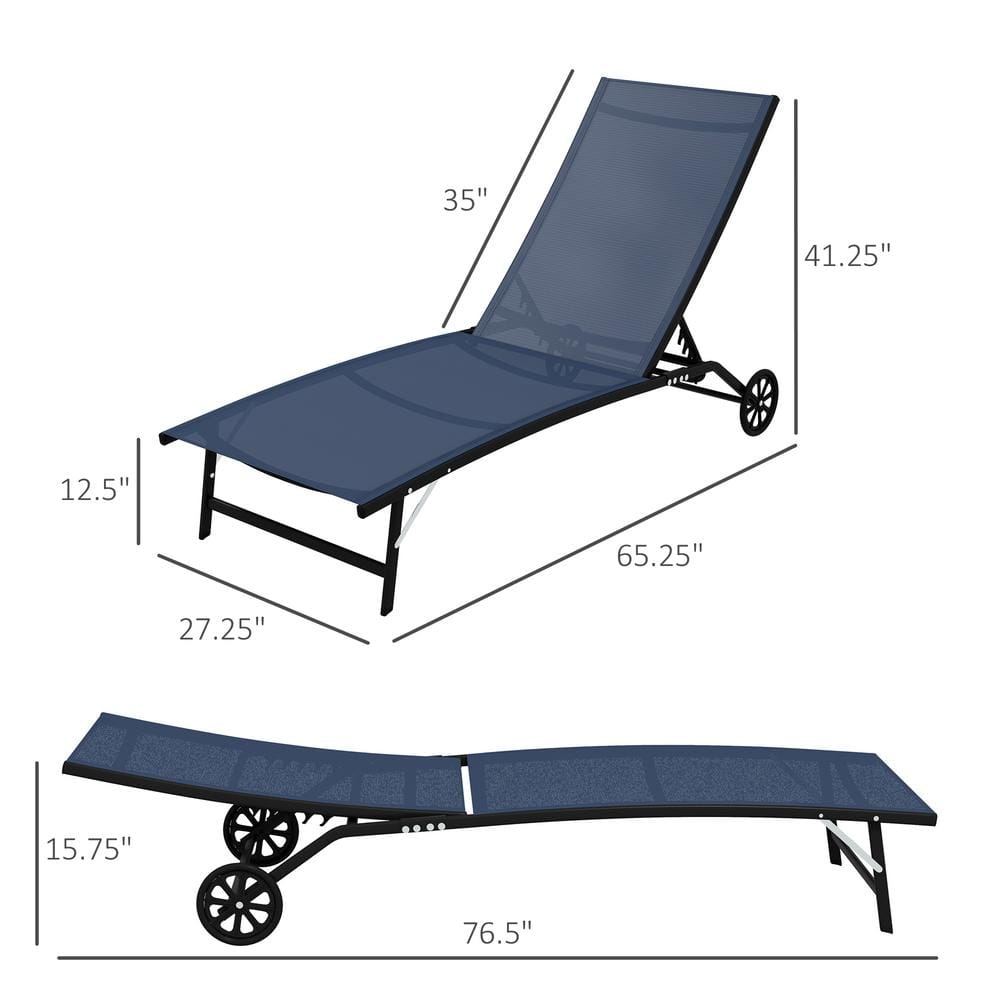 Dark Blue Adjustable Outdoor Chaise Lounge Chairs with Wheels